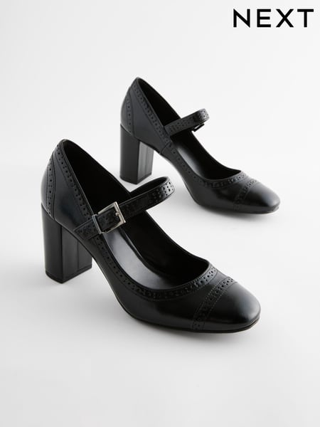 Black Extra Wide Fit Forever Comfort® Brogue Round Toe Block Heel Court Shoes (N27664) | € 51