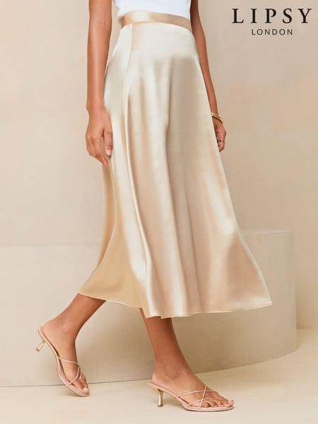 Lipsy Champagne Gold Petite Satin A Line Midi Skirt (N27812) | € 25