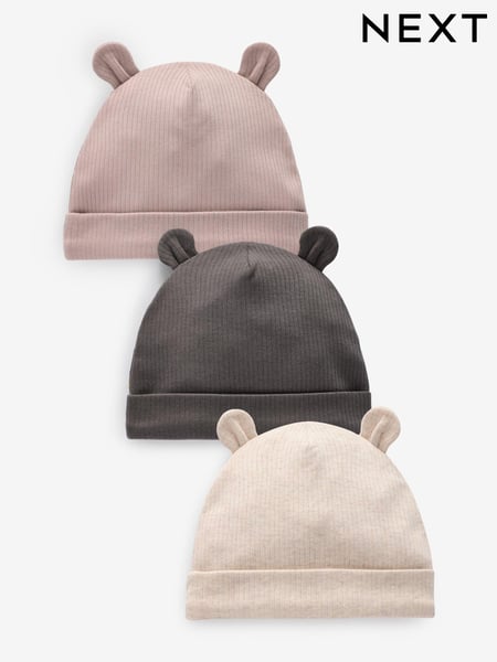 Black/White Baby Bear Ear Beanie 100% Cotton Hats 3 Pack (0-18mths) (N28196) | € 9