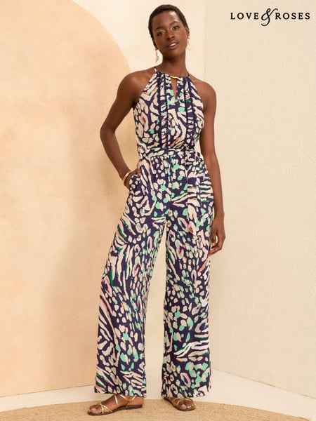 Love & Roses Animal Printed Lace Trim Halter Neck Jumpsuit (N29453) | € 33