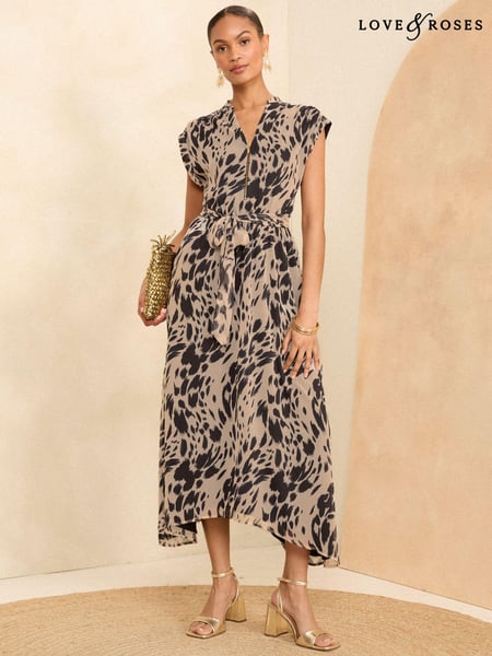 Love & Roses Beige Animal Printed Roll Sleeve Zip Front Midi Dress (N29503) | € 42