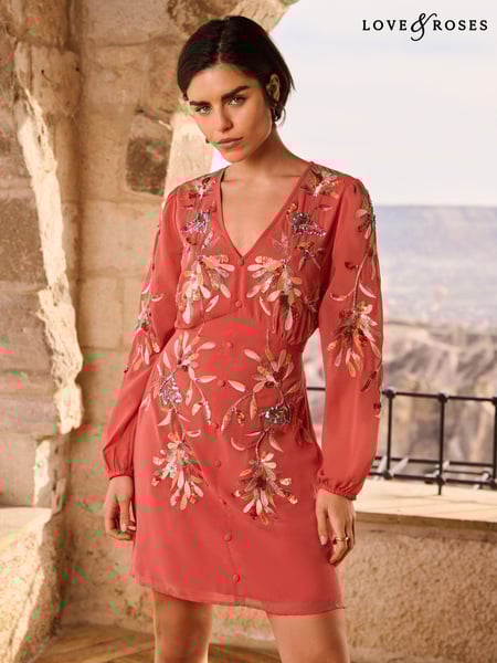 Love & Roses Orange Rust Embellished V Neck Long Sleeve Mini Dress (N29605) | € 200