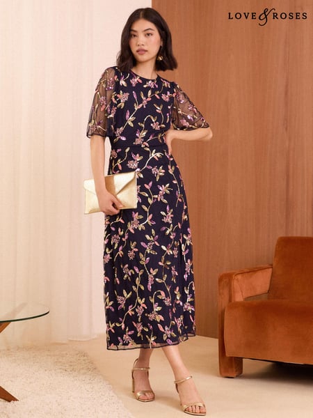 Love & Roses Navy Blue Embellished Flutter Sleeve Midi Dress (N29614) | € 121