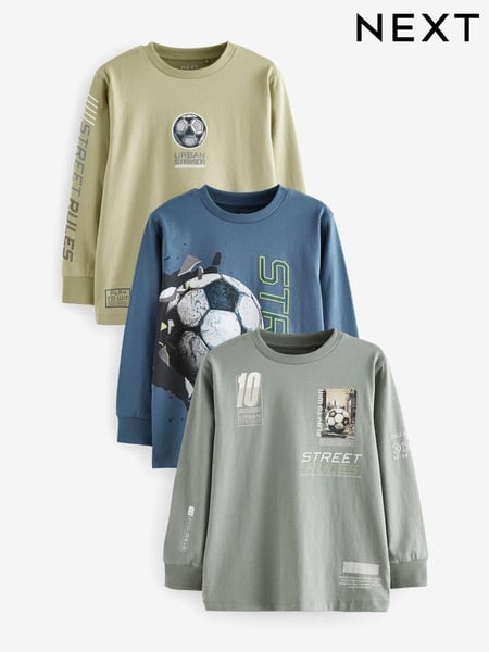Green/Blue Football Graphic Long Sleeve T-Shirts 3 Pack (3-16yrs) (N29672) | € 24 - € 30