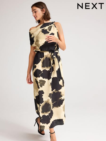 Cream/Black Cow Smudge Print Sleeveless Knot Shoulder Column Maxi Dress (N30378) | € 19