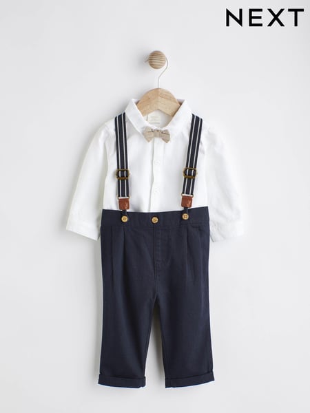 Navy Blue Baby 100% Cotton Shirt Trousers and Braces Set 4 Piece (0mths-2yrs) (N31190) | € 34 - € 37