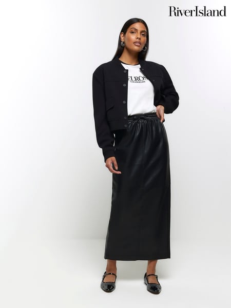 River Island Black Faux Leather Elasticated Maxi Skirt (N34101) | € 12