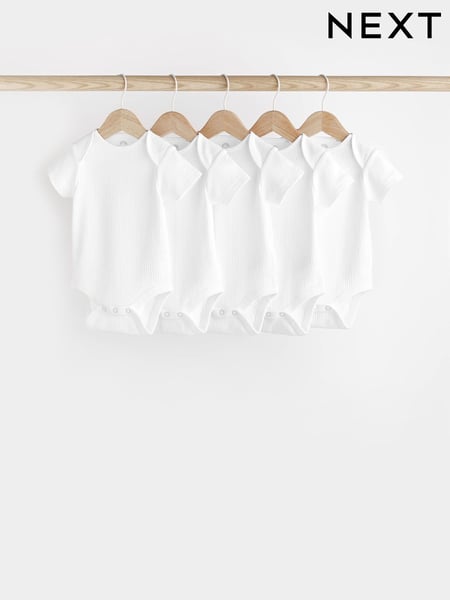 White Baby Rib Short Sleeve Bodysuits 5 Pack (N34697) | € 14 - € 17