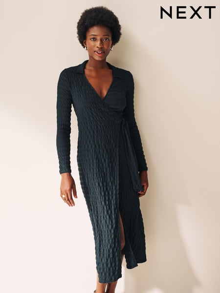 Petrol Blue Textured Long Sleeve Wrap Midi Dress (N34700) | € 12