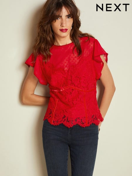 Red Lace Dobby Mix Short Sleeve Blouse (N36024) | € 12