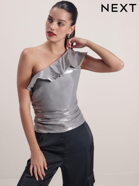 Silver Metallic Ruffle Detail One Shoulder Top (N36033) | € 9