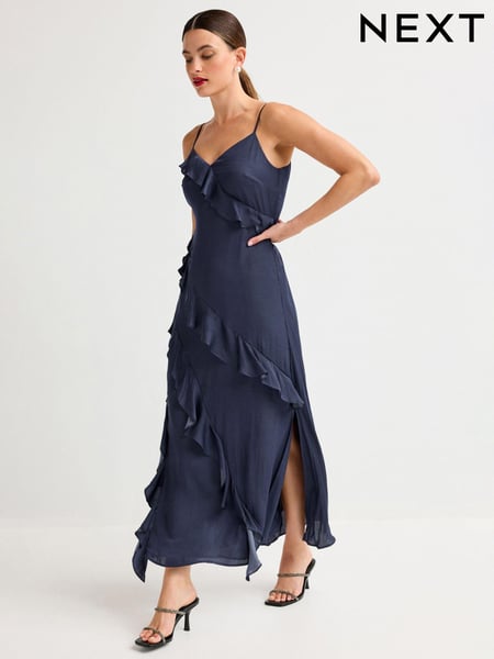 Navy Strappy Satin Ruffle Dress (N37984) | € 22