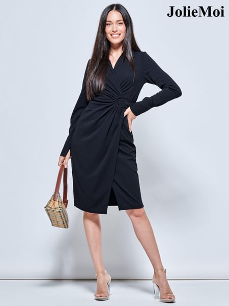 Jolie Moi Black Plain Wrap Front Buckle Shirt Dress (N39077) | € 38