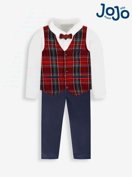 JoJo Maman Bébé Navy Boys' Tartan Waistcoat, Shirt & Cord Trousers Set With Bow Tie (N44040) | € 63