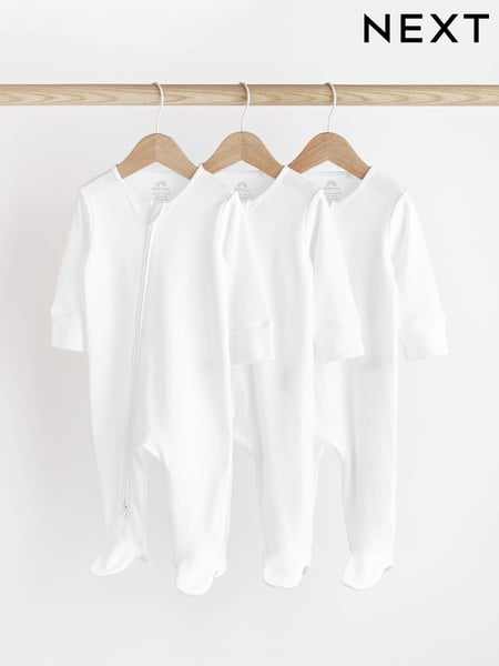 White Essential Zipped 100% Cotton Baby Sleepsuits 3 Pack (0-3yrs) (N44489) | € 17 - € 20