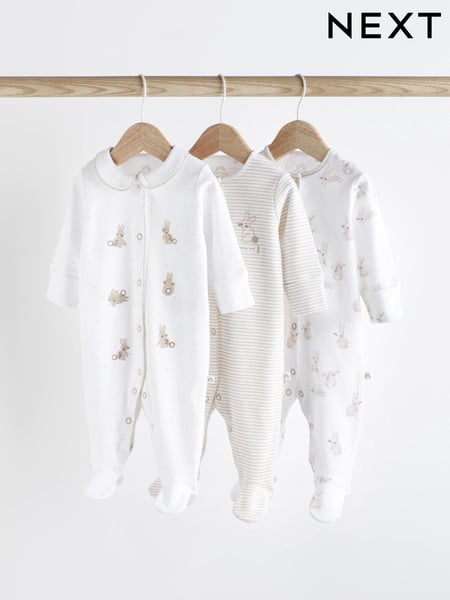 Neutral Bunny 100% Cotton Delicate Baby Sleepsuits 3 Pack (0-2yrs) (N44500) | € 19 - € 21