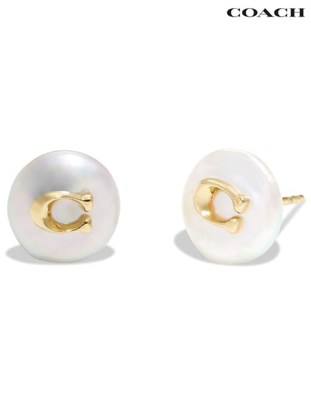 COACH Gold Tone Signature Coin Pearl Stud Earrings (N44549) | € 62