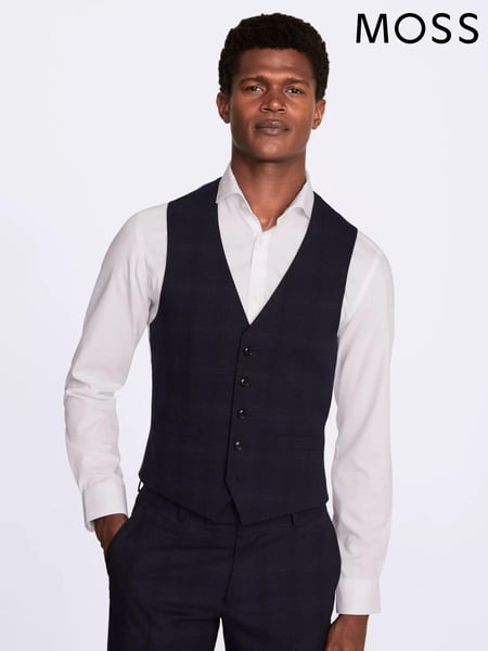 MOSS Navy Blue Slim Fit Check Waistcoat (N48183) | € 140