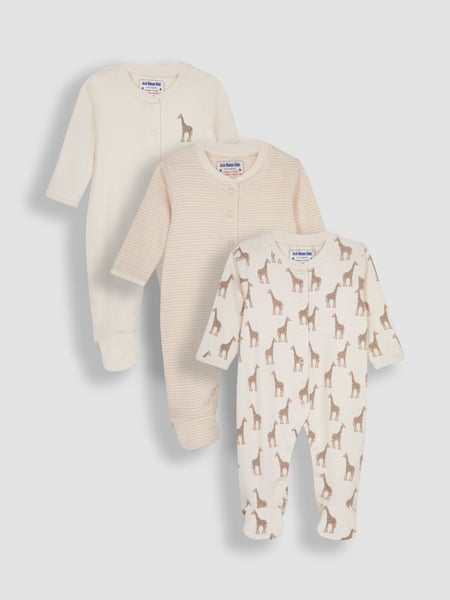 JoJo Maman Bébé Natural Giraffe Cotton Footed Animal Print Sleepsuits 3-Pack (N49447) | € 47
