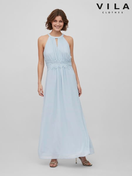 VILA Blue Halterneck Flower Girl Lace Detail Occasion Maxi Dress (N50476) | € 94