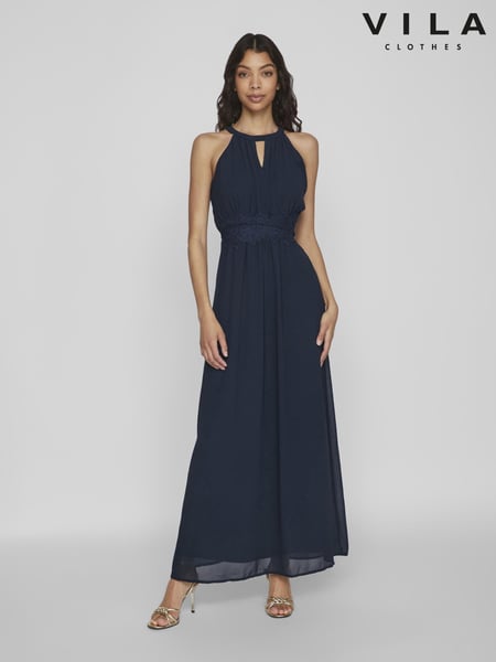 VILA Navy Blue Halterneck Flower Girl Lace Detail Occasion Maxi Dress (N50481) | € 94