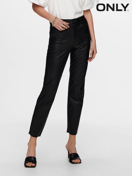 ONLY Black Petite High Waisted Faux Leather Workwear 100% Cotton Trousers (N50483) | € 26