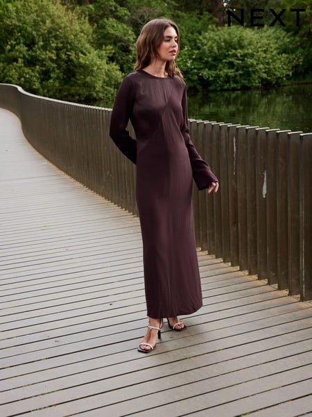 Wine Long Sleeve Satin Mix Column Midi Dress (N54450) | € 17