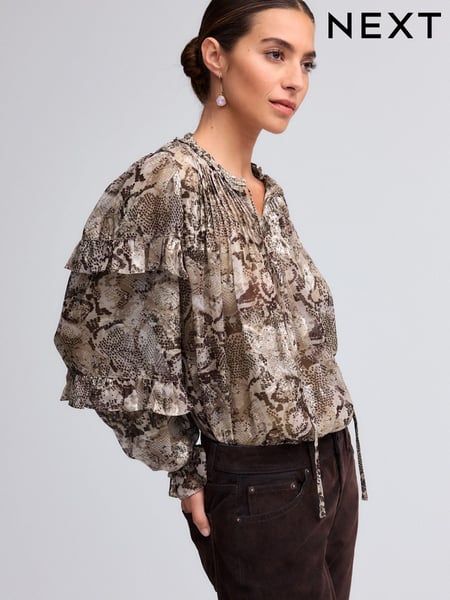 Brown Snake Print Metallic Ruffle Tie Neck Long Sleeve Blouse (N54654) | € 30