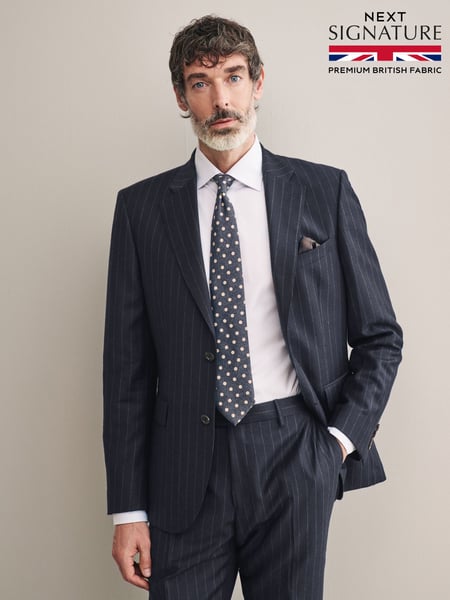Navy Blue Slim Fit Signature Empire Mills British Wool Stripe Suit Jacket (N54866) | € 282