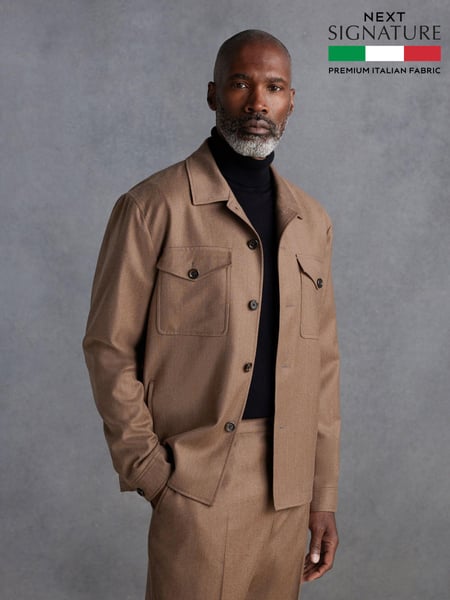 Sand Natural Slim Fit Signature Zignone Italian Wool Flannel Shacket (N54878) | € 44