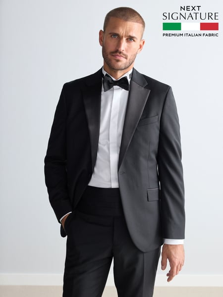 Black Slim Fit Signature Marzotto Italian Fabric Check 100% Wool Tuxedo Suit Jacket (N54880) | € 282