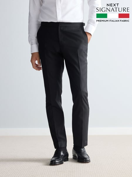 Black Slim Fit Signature Marzotto Italian Fabric Check 100% Wool Tuxedo Suit Trousers (N54881) | € 164