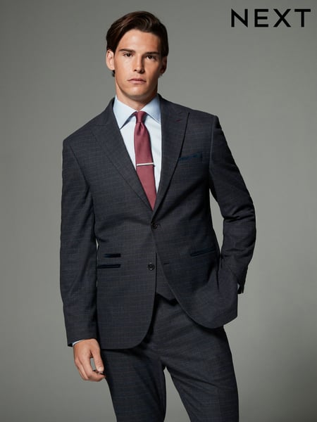 Navy Blue Skinny Fit Trimmed Check Suit Jacket (N54894) | € 148