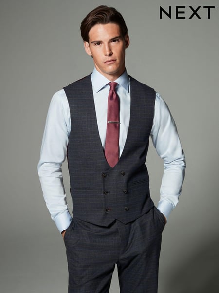 Navy Blue Skinny Fit Trimmed Check Suit Waistcoat (N54896) | € 75