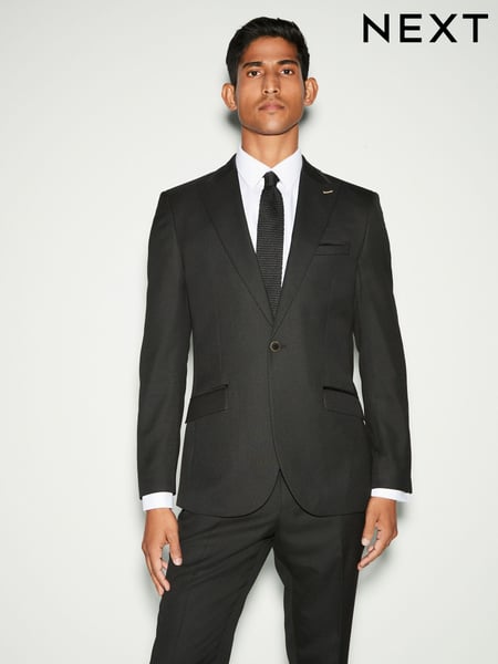 Black Trimmed Textured Self Lapel Tuxedo Suit Jacket (N54922) | € 110