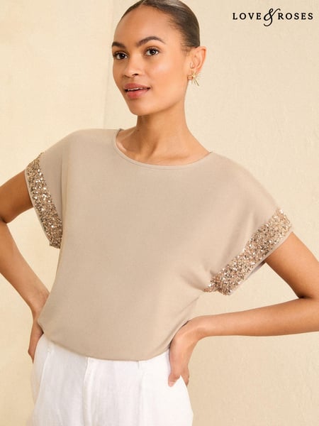 Love & Roses Camel Sequin Cuff Jersey Top (N55161) | € 27