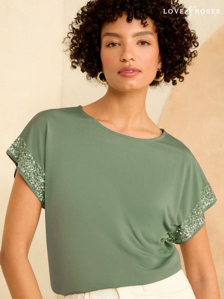 Love & Roses Green Sequin Cuff Jersey Top (N55174) | € 11
