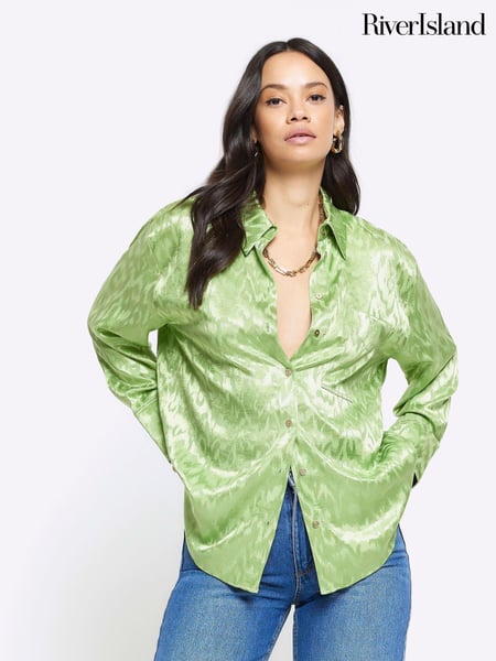 River Island Green Jaquard Satin Oversized Shirt (N55802) | € 14