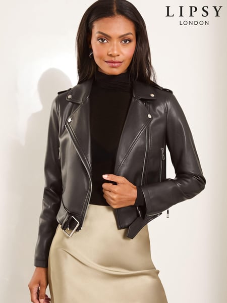 Lipsy Black Petite Faux Leather Crop Biker Jacket (N56163) | € 45