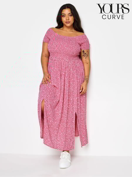 Yours Curve Pink Ditsy Floral Print Shirred Bardot Maxi Dress (N56200) | € 13