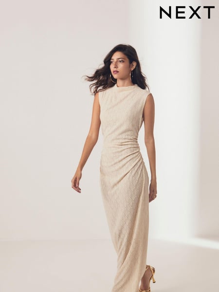 Ecru White Diamond Textured Sleeveless Ruched Maxi Dress (N57046) | € 12