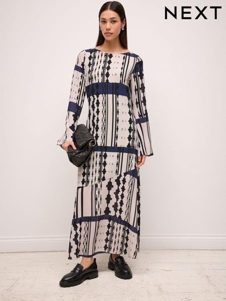 Navy and White Geo Print Long Sleeve Column Maxi Dress (N57048) | € 15