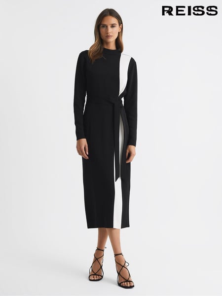 Reiss Black/White Millie Contrast Stripe Belted Midi Dress (N57491) | € 387