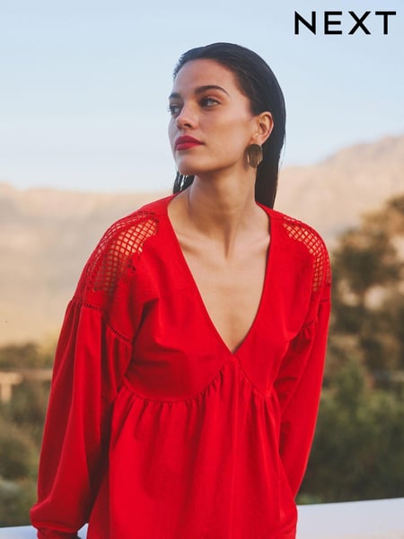 Red Long Sleeve V-Neck Crochet Cutwork Blouse (N57609) | € 12
