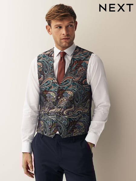 Multi Coloured Burgundy Red Paisley Regular Fit Occasion Waistcoat (N58909) | € 82