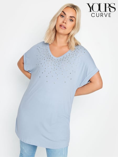 Yours Curve Blue Sequin And Glitter Printed V-Neck T-Shirt (N59320) | € 18