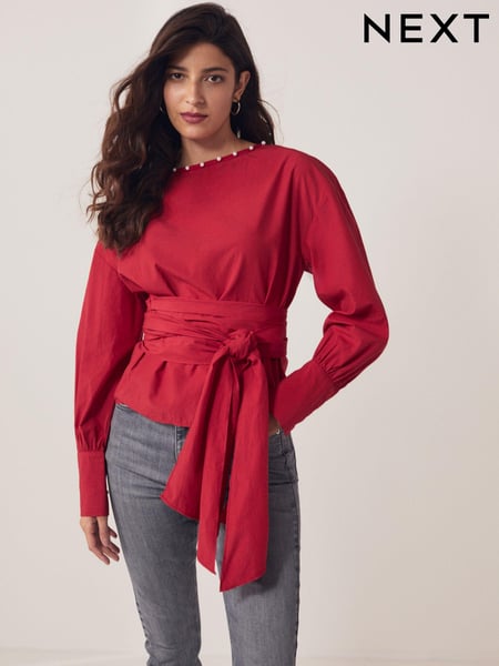 Red Long Sleeve Wrap Pearl Detail Shirt (N59841) | € 12