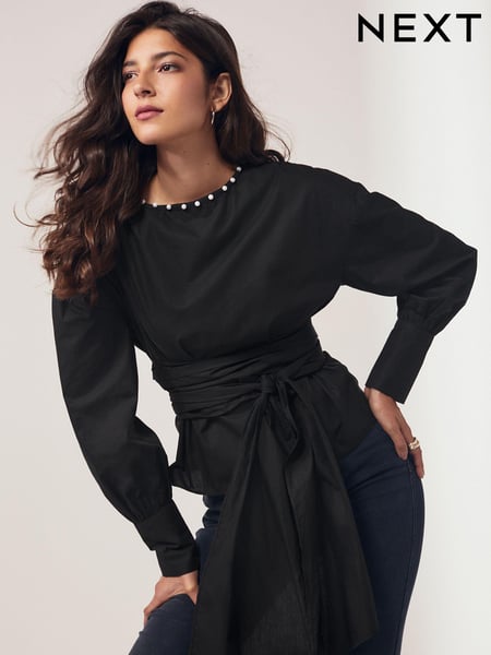 Black Long Sleeve Wrap Pearl Detail Shirt (N59842) | € 12
