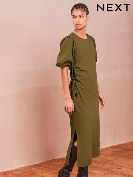 Khaki Green Ruched Side Puff Sleeve Midi Dress (N59873) | € 11