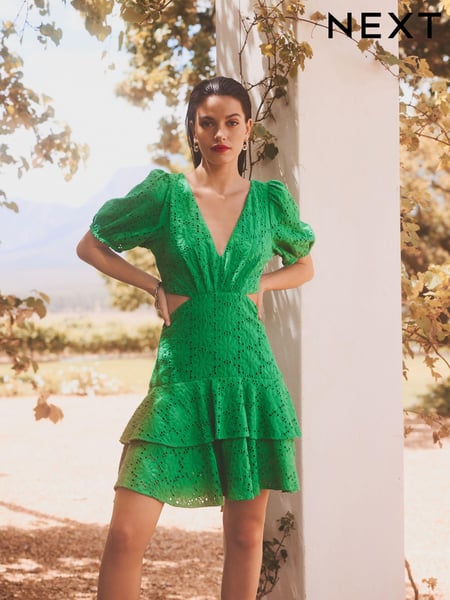 Green Crochet Volume Short Sleeve Cut-Out Mini Dress (N59874) | € 22